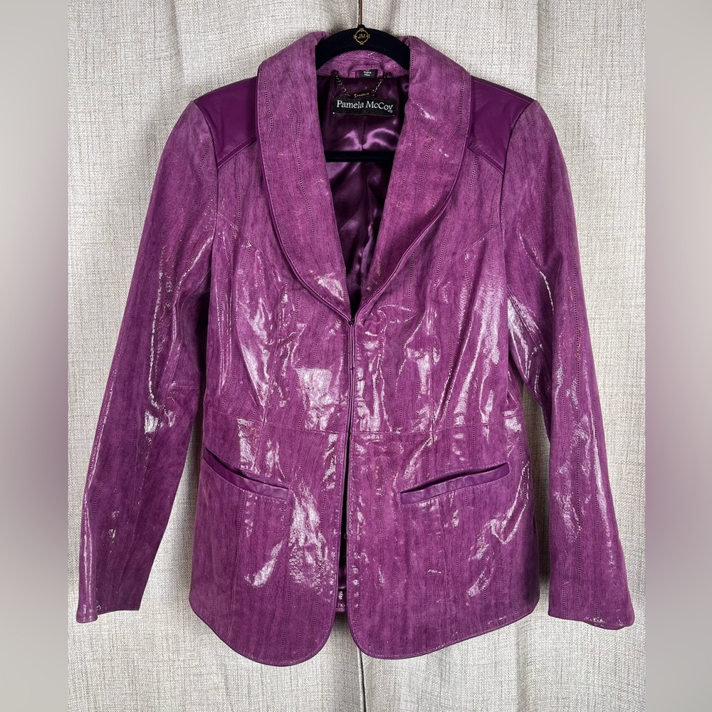 PAMELA MCCOY Jacket Blazer Purple Pink Leather Women's Size XS NWT